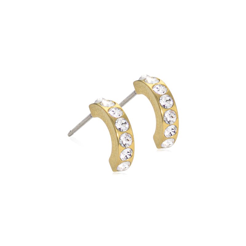 Oorbellen Blomdahl titanium boogje goudkleurig met crystal steentjes 10 mm. (incl. achterkantjes) - Staartjes en Strikjes