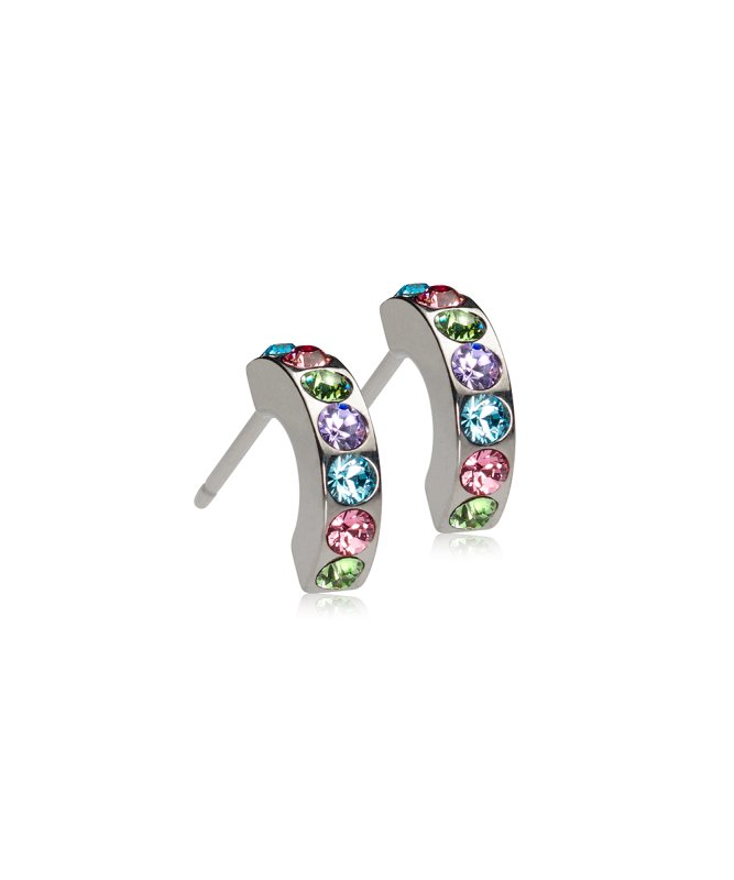 Oorbellen Blomdahl titanium boogje zilverkleurig 10 mm met gekleurde kristalletjes (incl. achterkantjes) - Staartjes en Strikjes