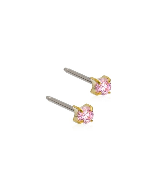 Oorbellen Blomdahl titanium knopje 3 mm. zirconiasteentje goudkleurig licht roze (incl. achterkantjes) - Staartjes en Strikjes