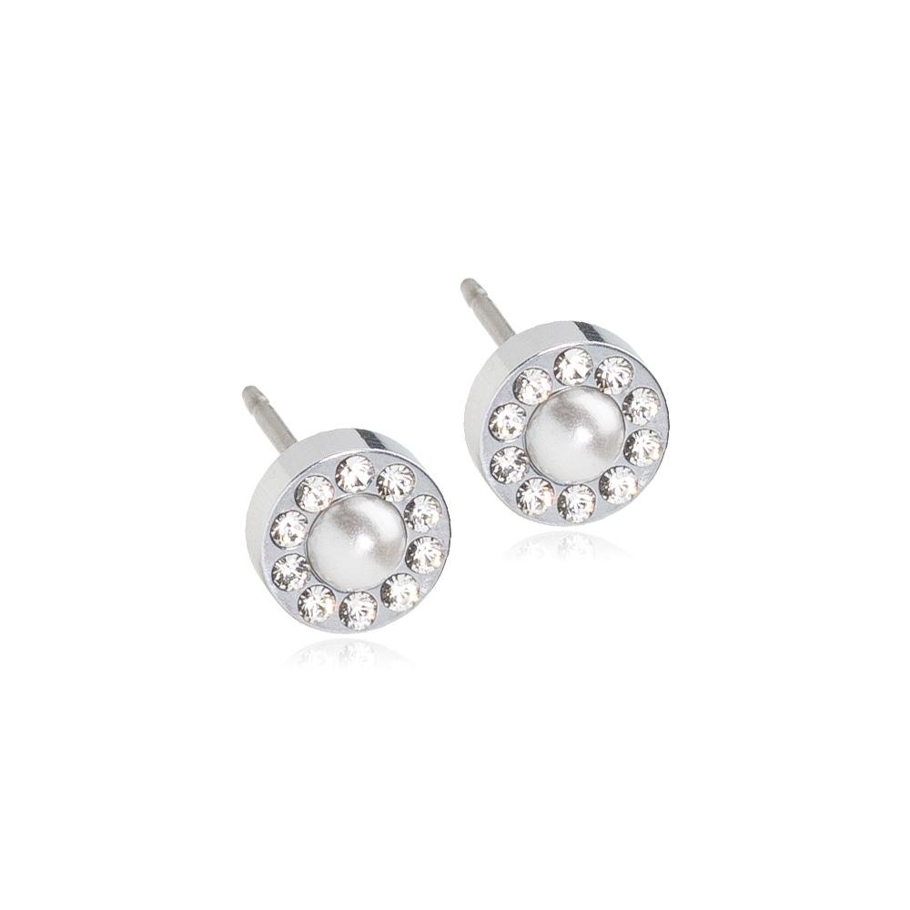 Oorbellen Blomdahl titanium rondje met parel en crystal 6 mm. - Staartjes en Strikjes