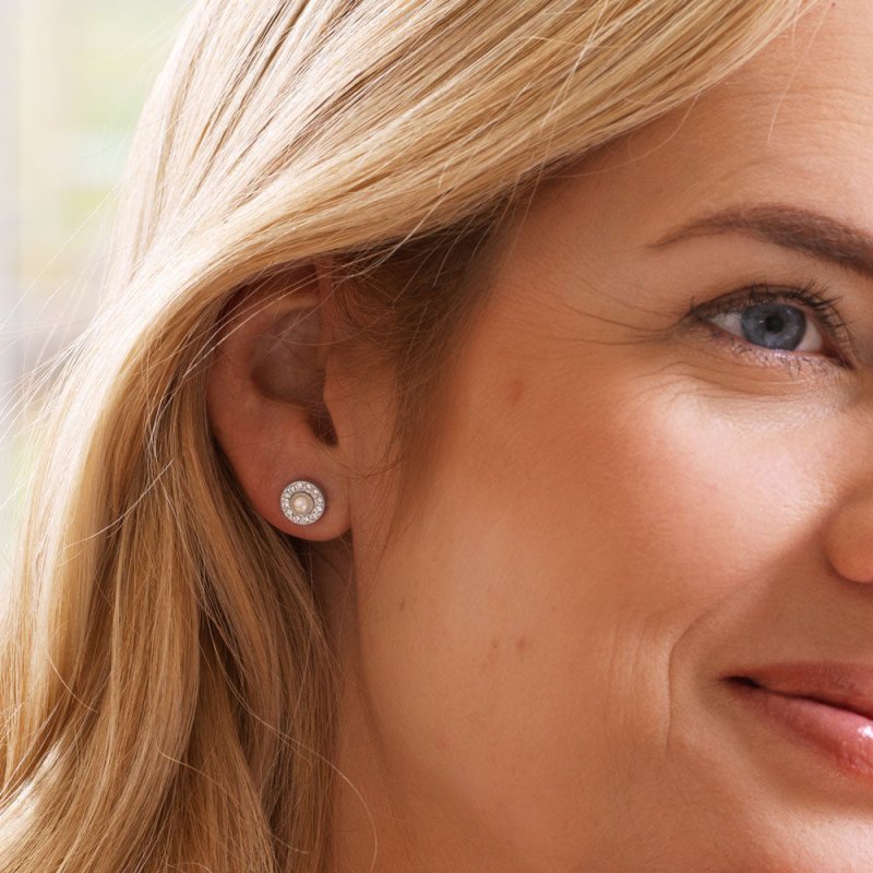Oorbellen Blomdahl titanium rondje met parel en crystal 8 mm. (incl. achterkantjes) - Staartjes en Strikjes