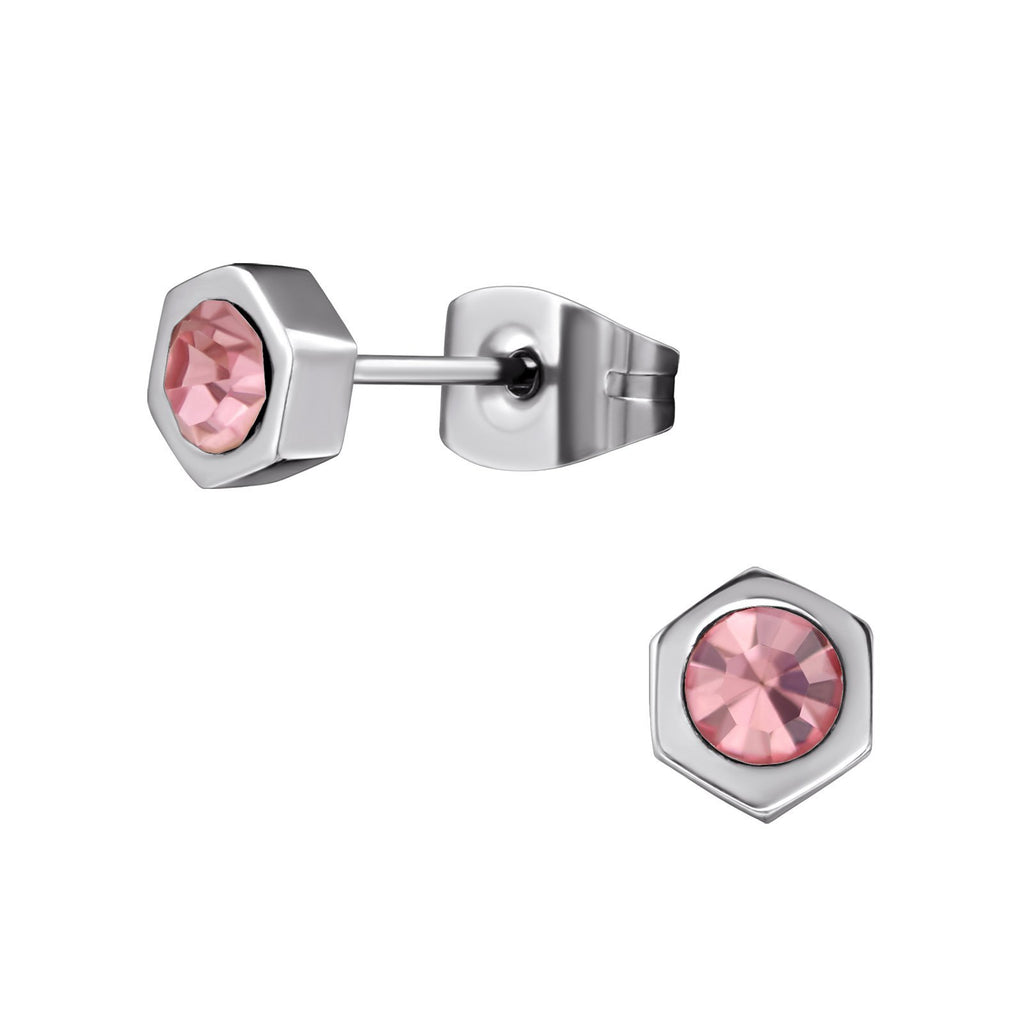 Oorbellen chirurgisch staal hexagon met crystal licht roze 5 mm. - Staartjes en Strikjes