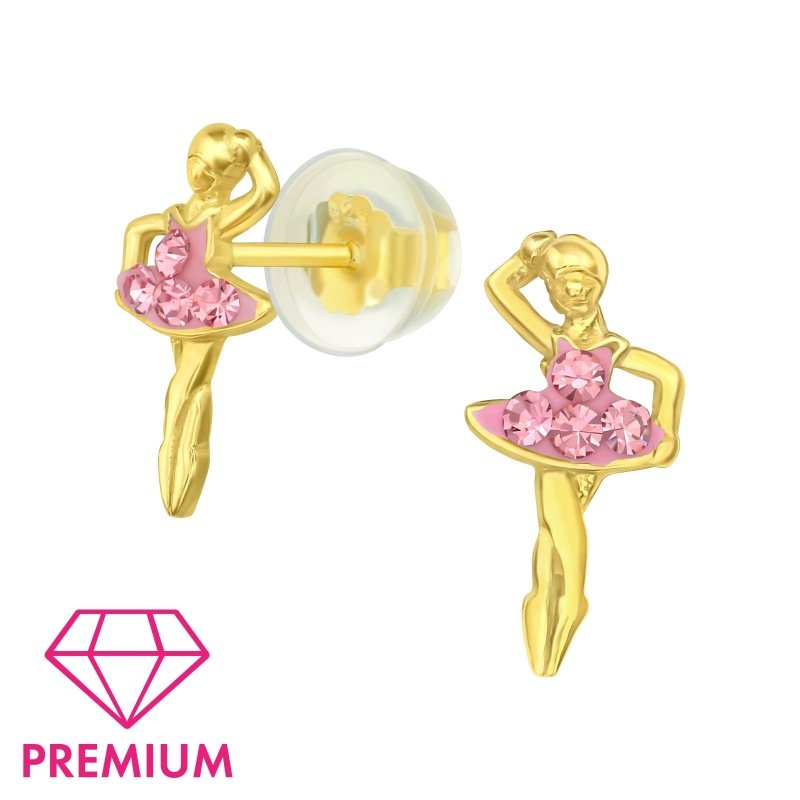 Zilveren kinder oorbellen ballerina goudkleurig met roze steentjes - Staartjes en Strikjes