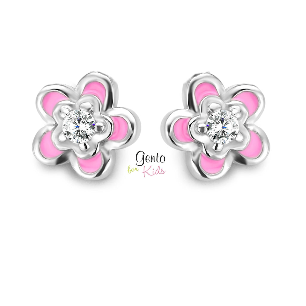 Zilveren kinder oorbellen bloemetje roze met steentje Gento for kids - Staartjes en Strikjes