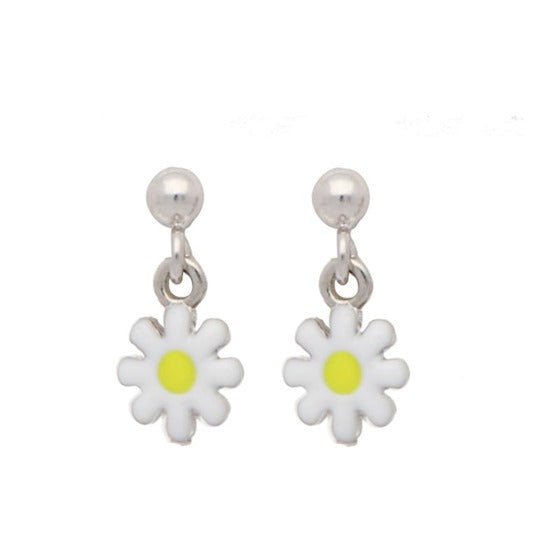 Zilveren kinder oorbellen bloemetje wit/geel oorhangertjes Lapetra - Staartjes en Strikjes