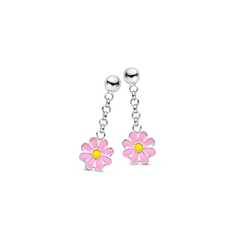 Zilveren kinder oorbellen bloemetjes roze hangertjes Naiomy Princess - Staartjes en Strikjes