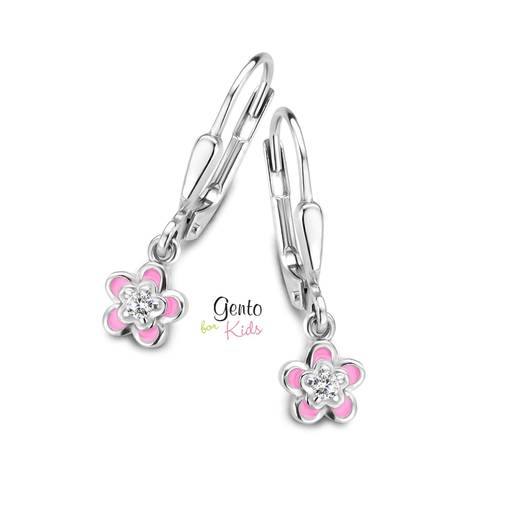 Zilveren kinder oorbellen bloemetjes roze met steentje Gento for kids brisure sluiting/oorslinger - Staartjes en Strikjes