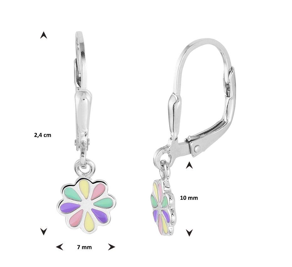 Zilveren kinder oorbellen bloemtjes gekleurd brisure sluiting - Staartjes en Strikjes
