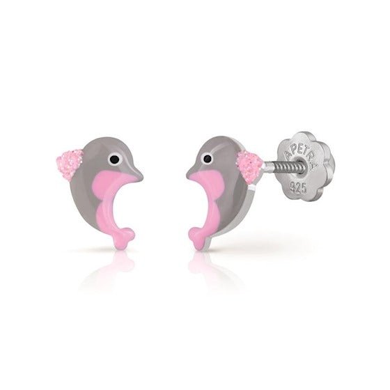 Zilveren kinder oorbellen dolfijn grijs/roze |schroefsluiting Lapetra - Staartjes en Strikjes