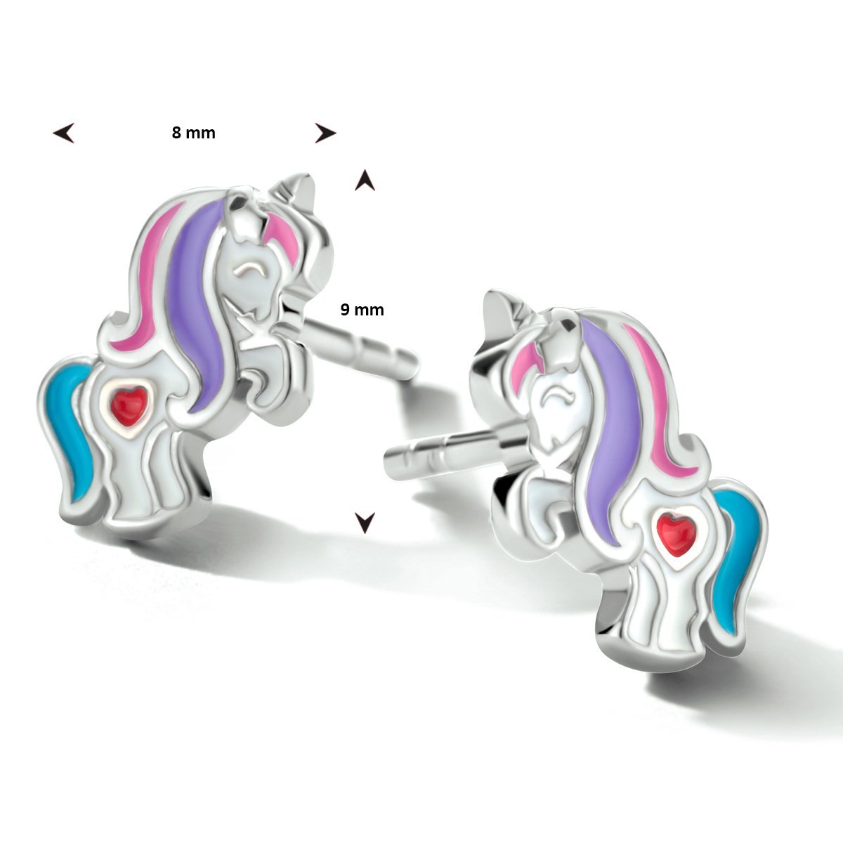 Zilveren kinder oorbellen eenhoorn blauw/paars - Staartjes en Strikjes