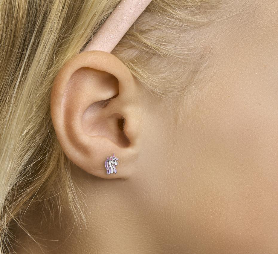 Zilveren kinder oorbellen eenhoorn paars/wit/roze - Staartjes en Strikjes