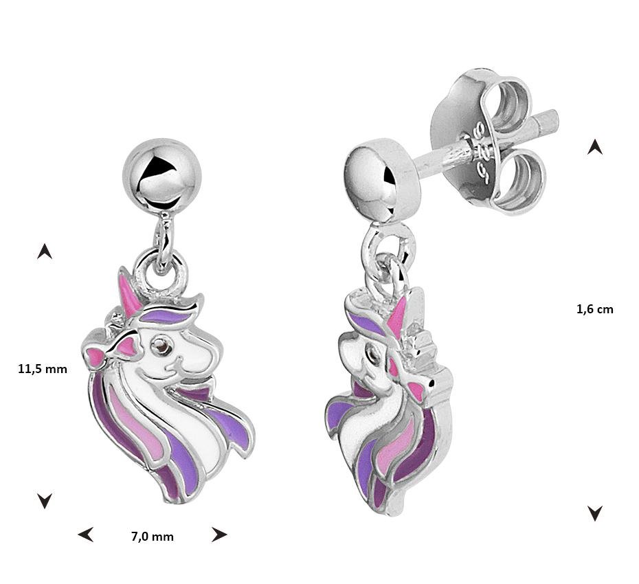 Zilveren kinder oorbellen eenhoorn paars/wit/roze hangend - Staartjes en Strikjes