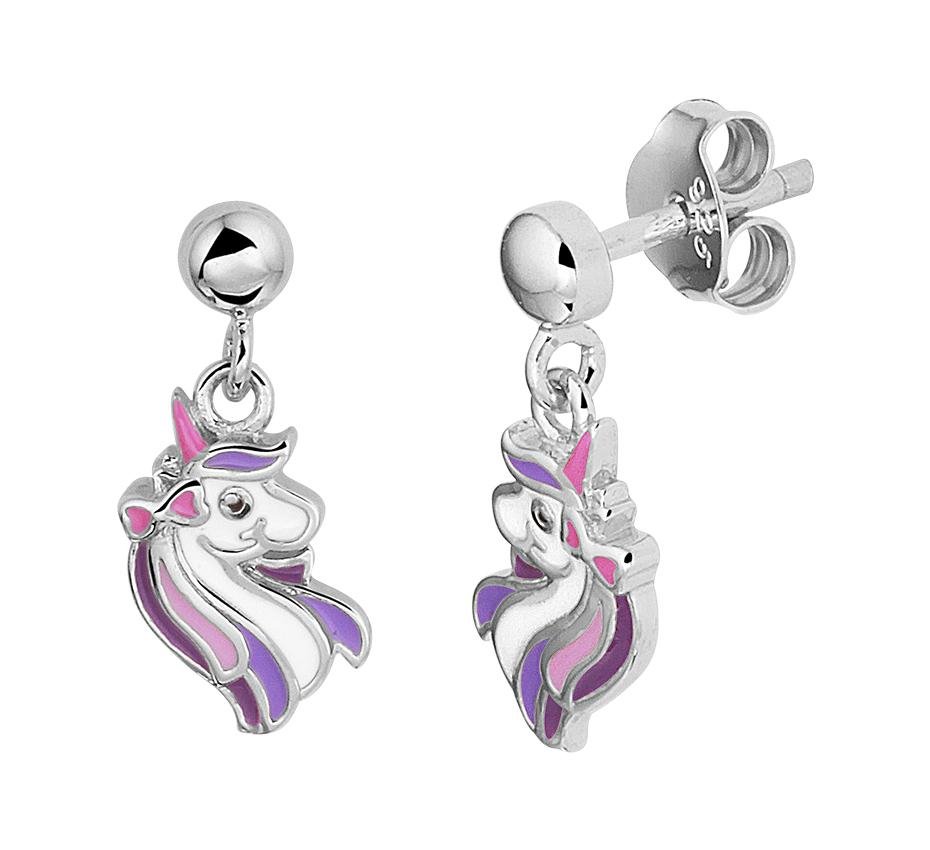 Zilveren kinder oorbellen eenhoorn paars/wit/roze hangend - Staartjes en Strikjes