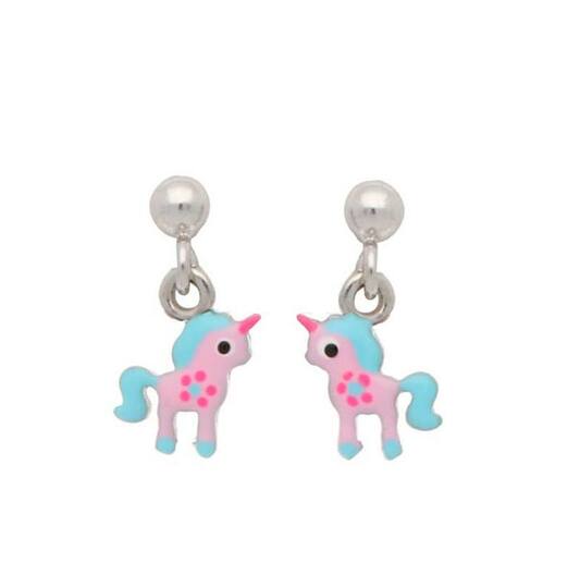 Zilveren kinder oorbellen eenhoorn roze/blauw oorhangertjes Lapetra - Staartjes en Strikjes