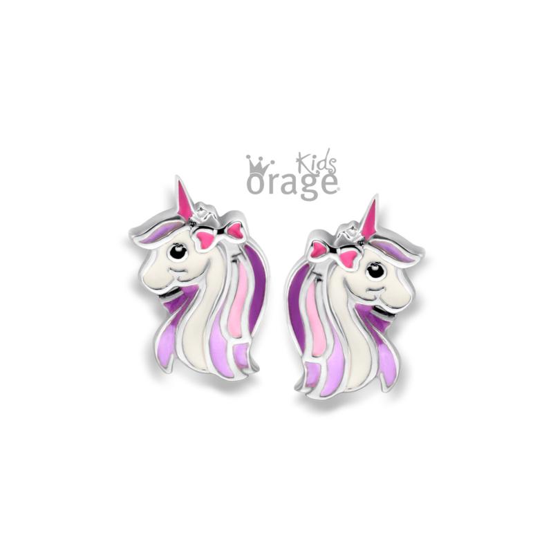 Zilveren kinder oorbellen eenhoorn unicorn Orage Kids paars/roze/wit - Staartjes en Strikjes