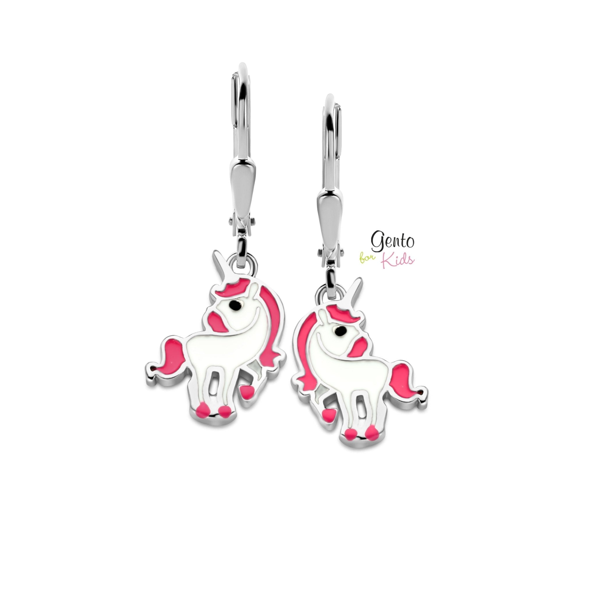 Zilveren kinder oorbellen eenhoorn/unicorn Gento for kids brisure sluiting/oorslinger - Staartjes en Strikjes