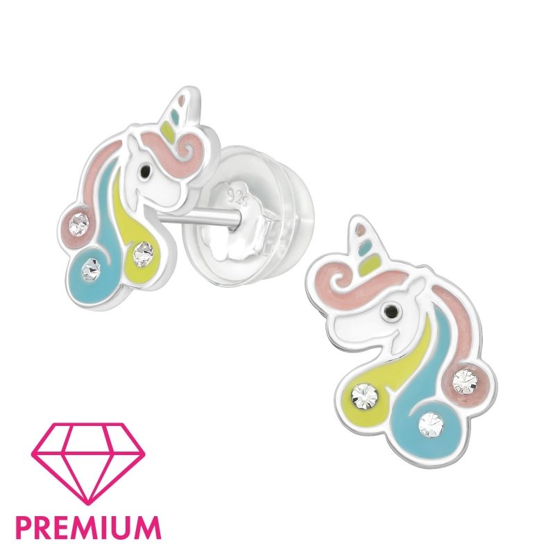 Zilveren kinder oorbellen eenhoorn/unicorn met kristalletjes - Staartjes en Strikjes
