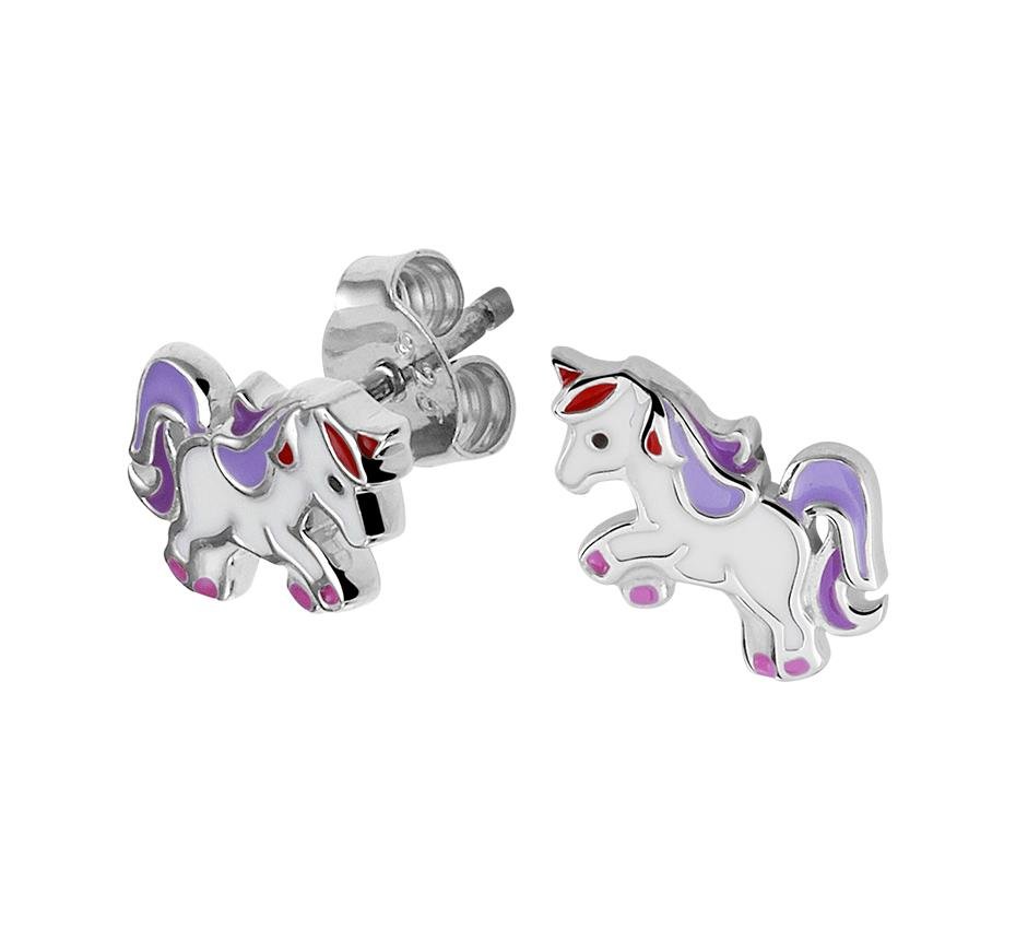 Zilveren kinder oorbellen eenhoorn/unicorn paars/wit/rood - Staartjes en Strikjes