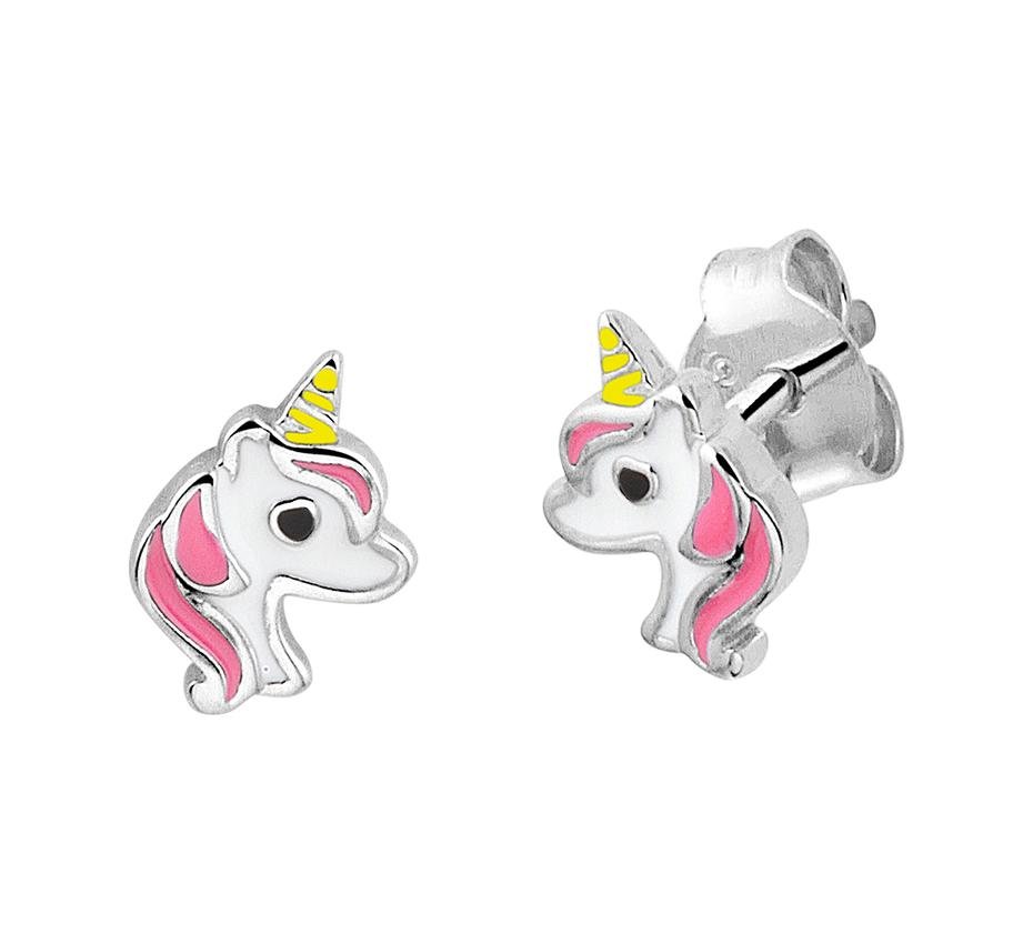 Zilveren kinder oorbellen eenhoorn/unicorn roze/wit - Staartjes en Strikjes
