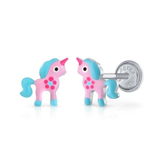 Zilveren kinder oorbellen eenhoorn/unicorn |schroefsluiting Lapetra - Staartjes en Strikjes