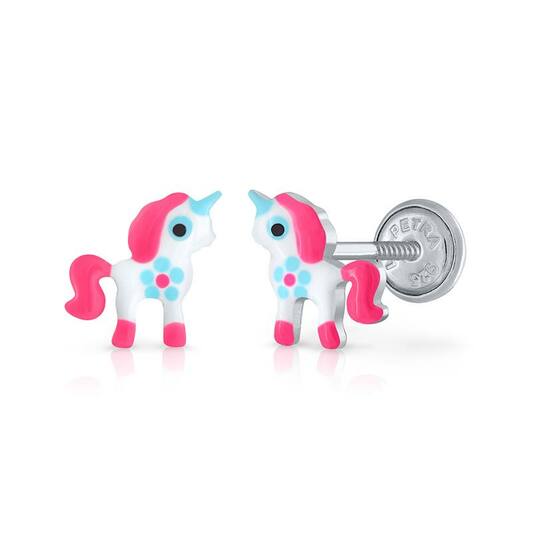 Zilveren kinder oorbellen eenhoorn/unicorn wit/roze |schroefsluiting Lapetra - Staartjes en Strikjes