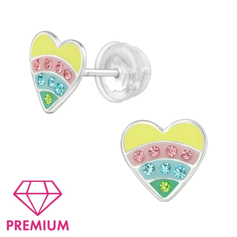 Zilveren kinder oorbellen gekleurd hartje met kristalletjes - Staartjes en Strikjes