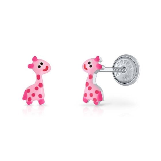 Zilveren kinder oorbellen giraffe roze |schroefsluiting Lapetra - Staartjes en Strikjes