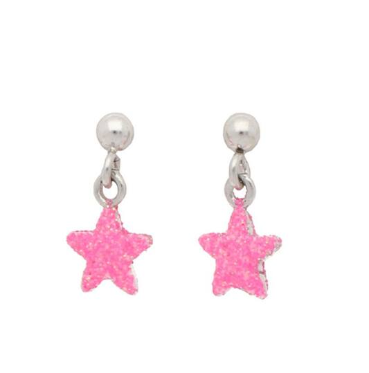 Zilveren kinder oorbellen glitter ster roze oorhangertjes Lapetra - Staartjes en Strikjes
