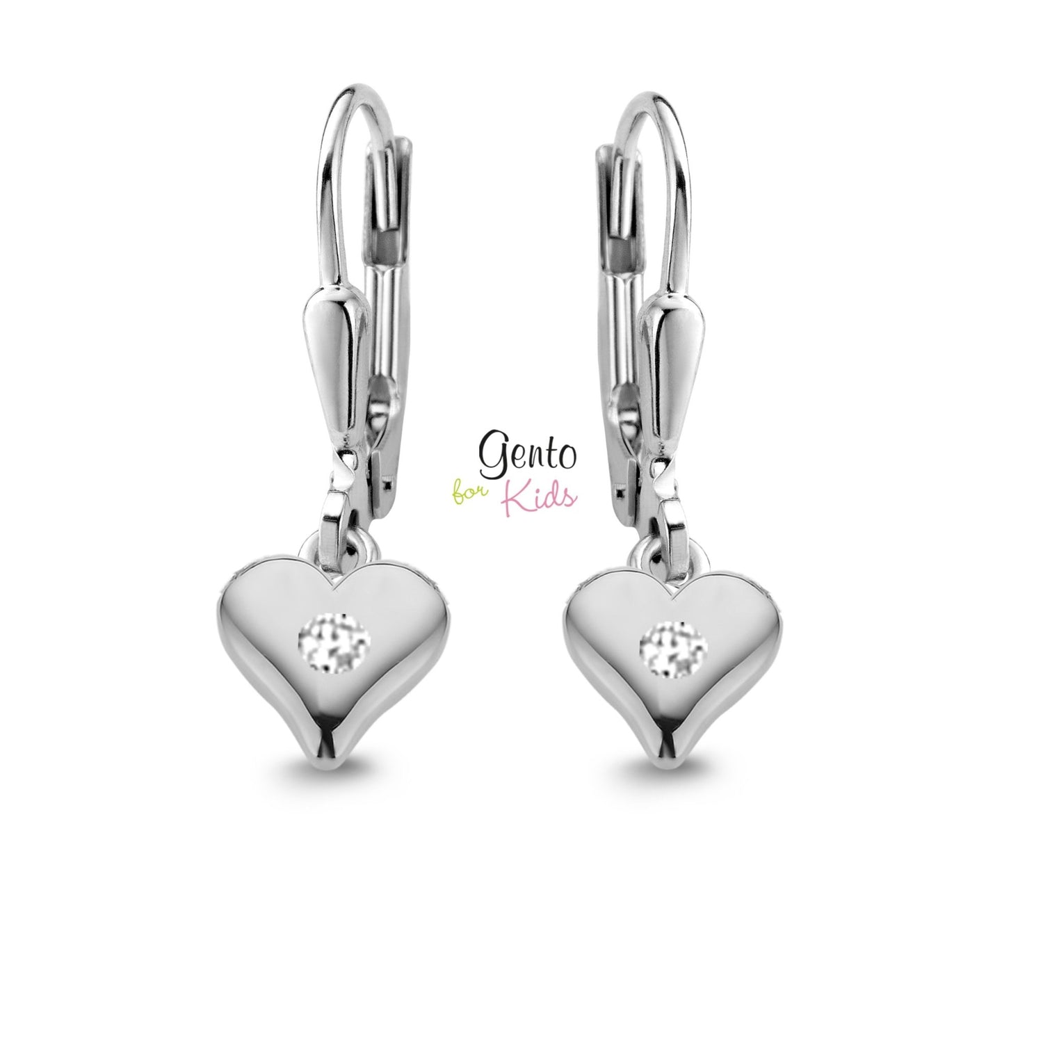 Zilveren kinder oorbellen hartjes met steentje Gento for kids brisure sluiting/oorslinger - Staartjes en Strikjes