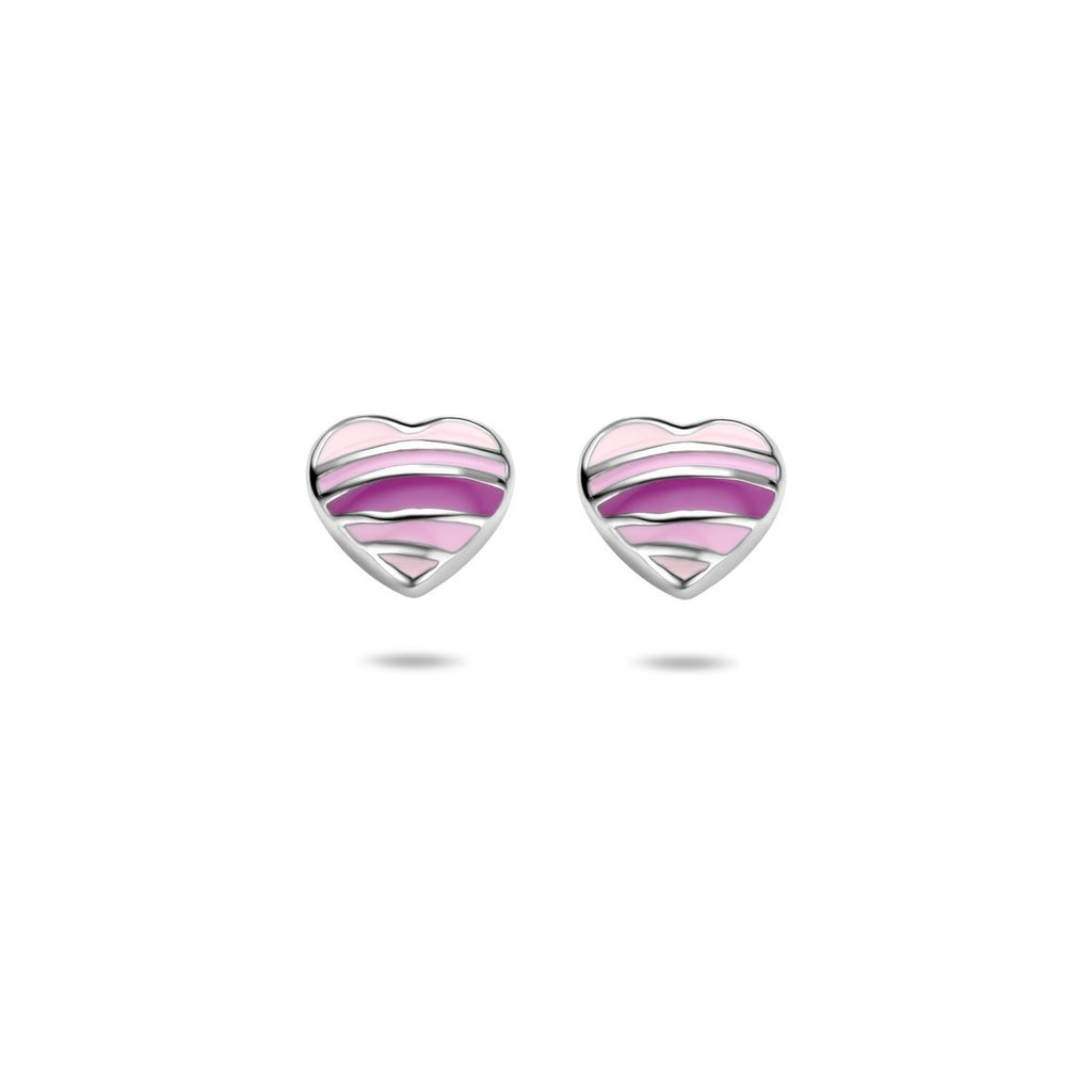 Zilveren kinder oorbellen hartjes paars en roze tinten - Staartjes en Strikjes