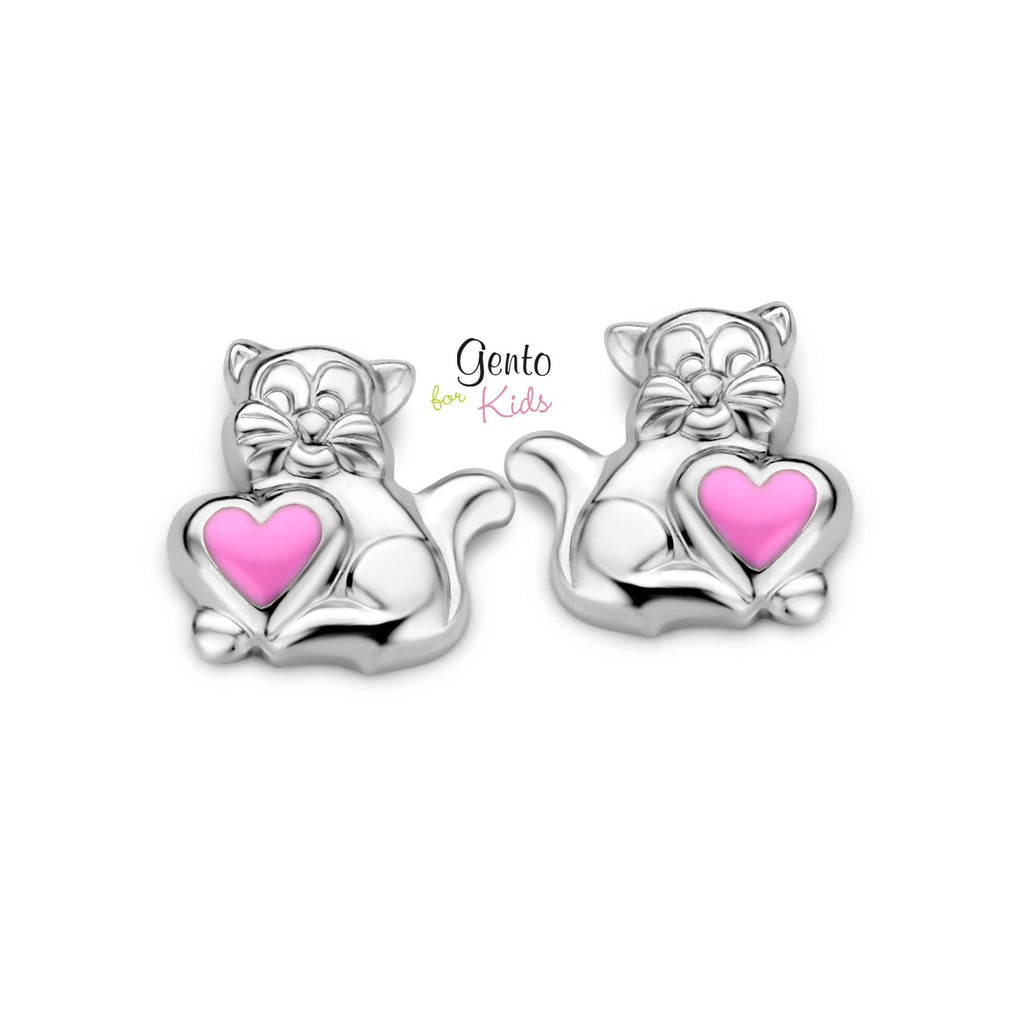 Zilveren kinder oorbellen katjes met hartje roze Gento for kids - Staartjes en Strikjes