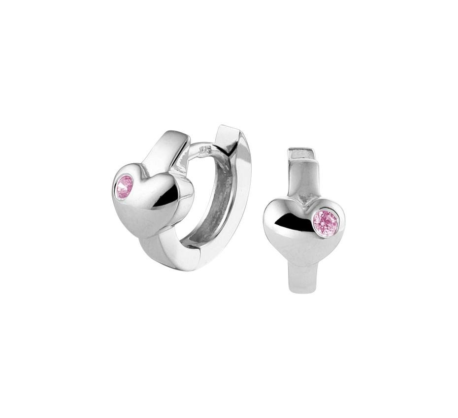 Zilveren kinder oorbellen klap creolen | hartje met zirkoniasteentje roze - Staartjes en Strikjes