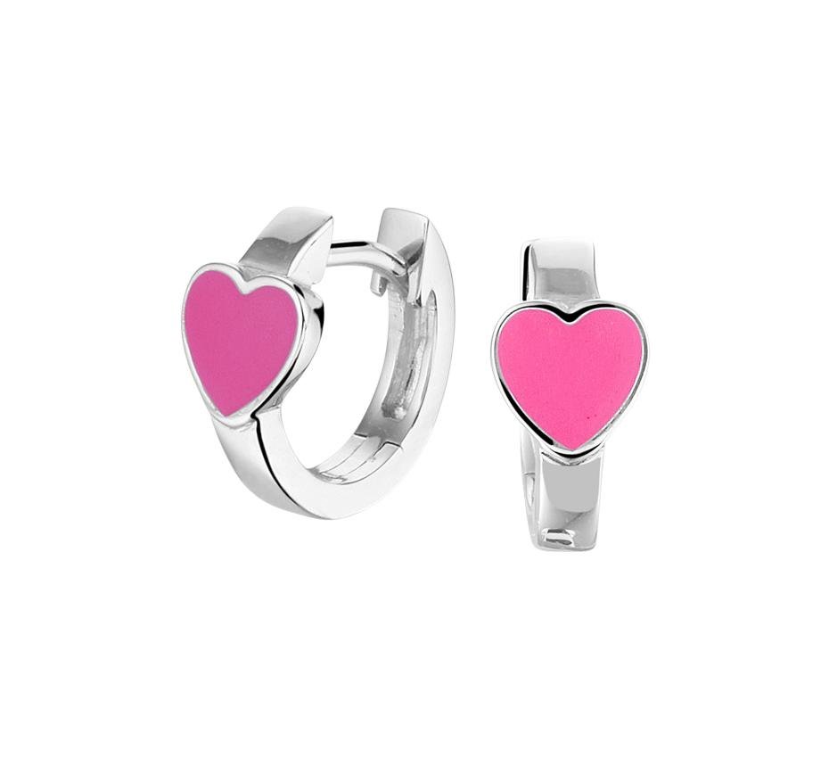 Zilveren kinder oorbellen klap creolen | hartjes roze - Staartjes en Strikjes