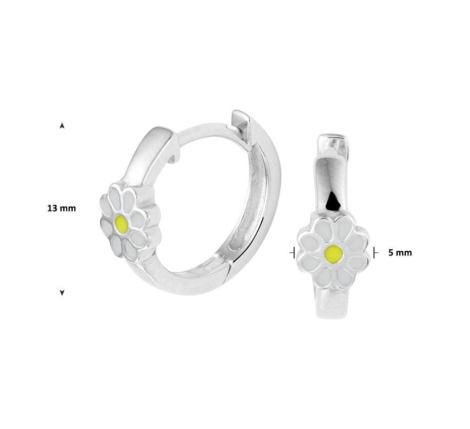 Zilveren kinder oorbellen klap creolen | margrietjes wit/geel - Staartjes en Strikjes