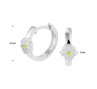 Zilveren kinder oorbellen klap creolen | margrietjes wit/geel - Staartjes en Strikjes