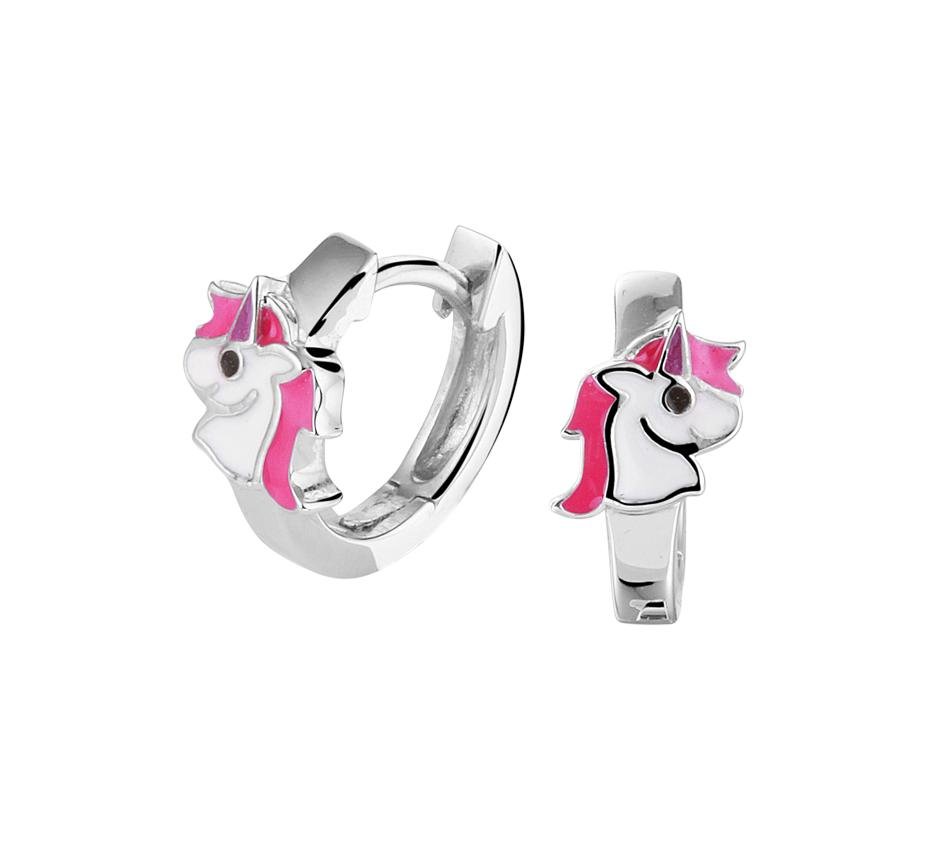 Zilveren kinder oorbellen klap creolen/oorringen | eenhoorn wit/roze - Staartjes en Strikjes