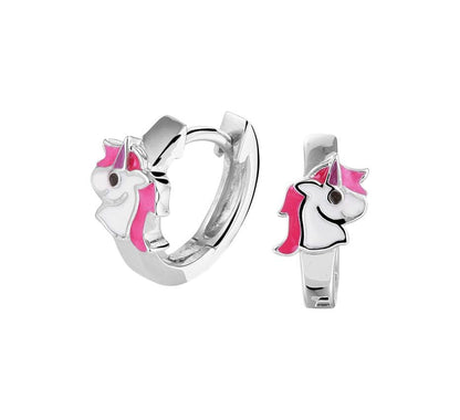 Zilveren kinder oorbellen klap creolen/oorringen | eenhoorn wit/roze - Staartjes en Strikjes