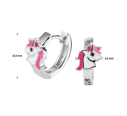 Zilveren kinder oorbellen klap creolen/oorringen | eenhoorn wit/roze - Staartjes en Strikjes