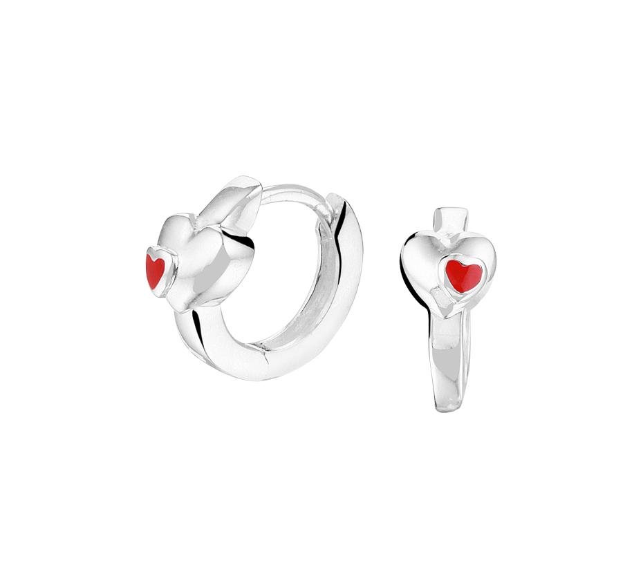 Zilveren kinder oorbellen klap creolen/oorringen hartjes met klein rood hartje - Staartjes en Strikjes