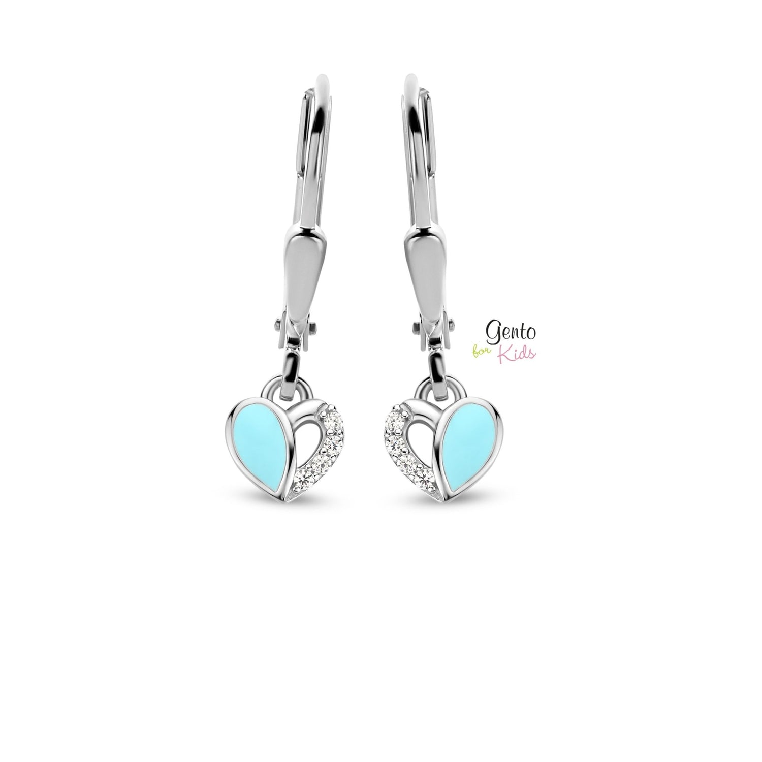 Zilveren kinder oorbellen klaver hartjes blauw Gento for kids brisure sluiting/oorslinger - Staartjes en Strikjes