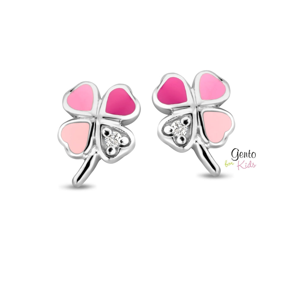 Zilveren kinder oorbellen klavertje roze met steentje Gento for kids - Staartjes en Strikjes