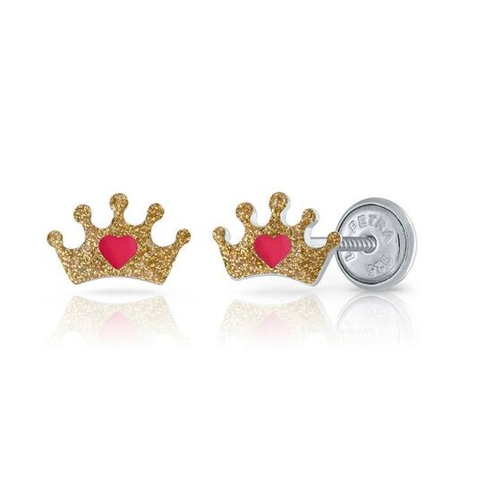 Zilveren kinder oorbellen kroontje goudkleurig met roze hartje |schroefsluiting Lapetra - Staartjes en Strikjes