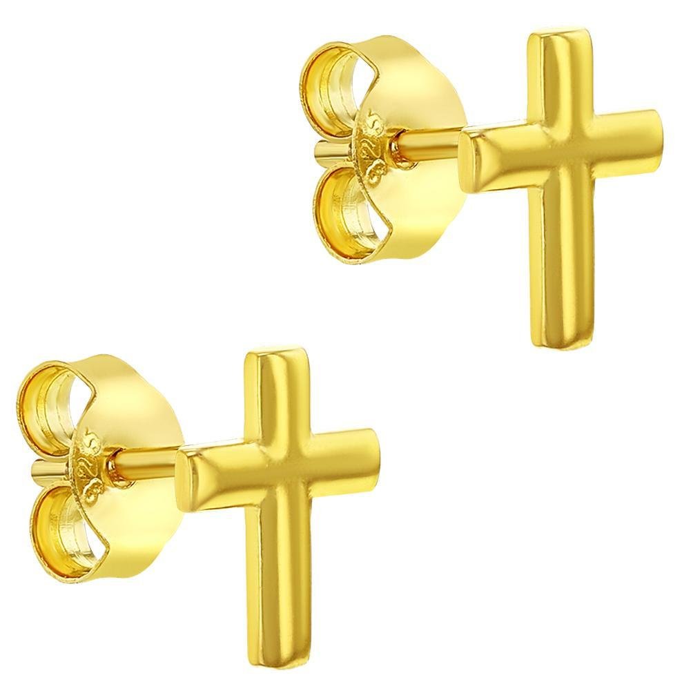 Zilveren kinder oorbellen kruisjes goudkleurig - Staartjes en Strikjes