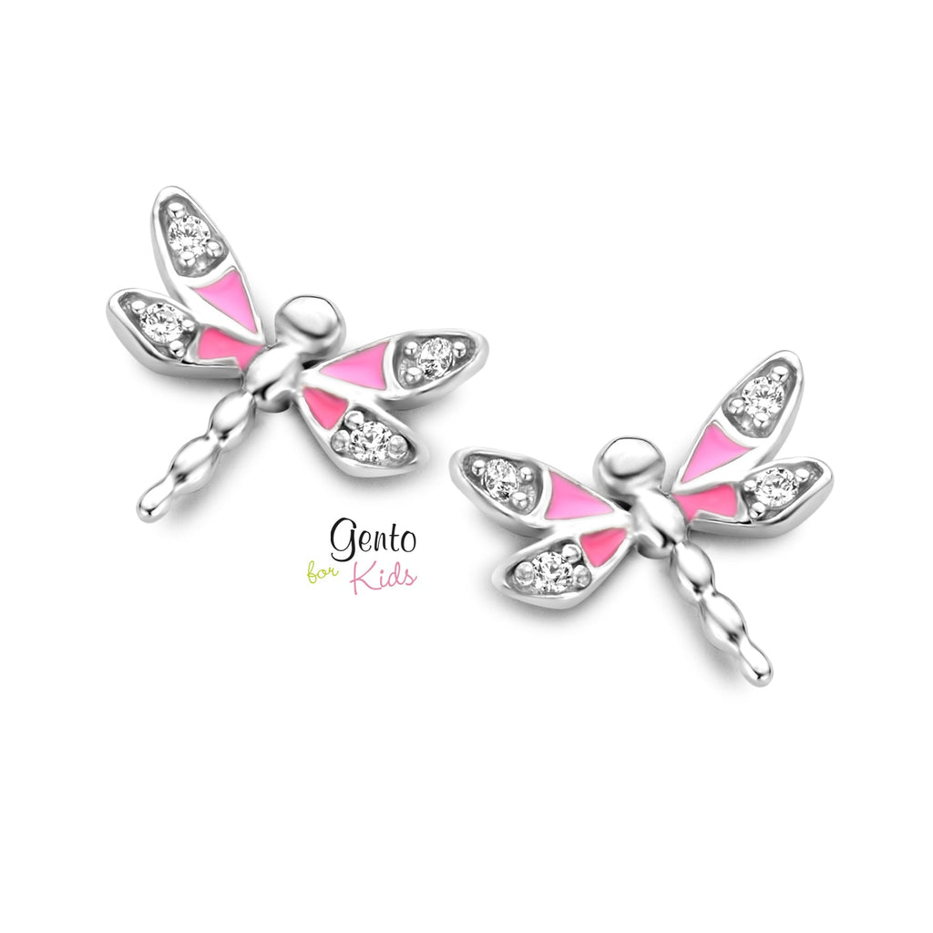 Zilveren kinder oorbellen libelle roze met steentje Gento for kids - Staartjes en Strikjes