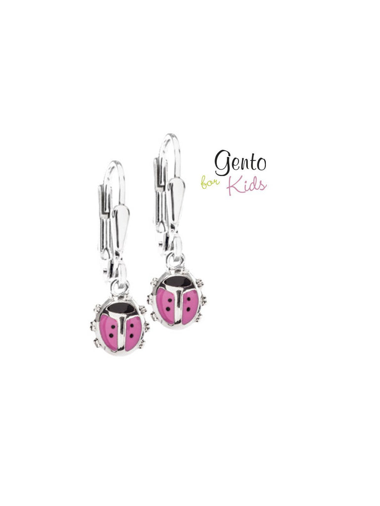 Zilveren kinder oorbellen lieveheersbeestjes roze Gento for kids brisure sluiting/oorslinger - Staartjes en Strikjes