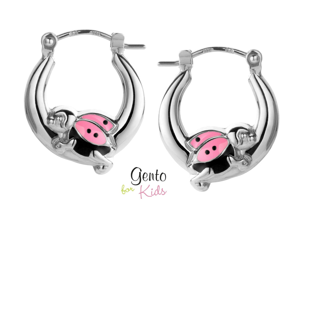 Zilveren kinder oorbellen lieveheersbeestjes roze Gento kids oorringen - Staartjes en Strikjes