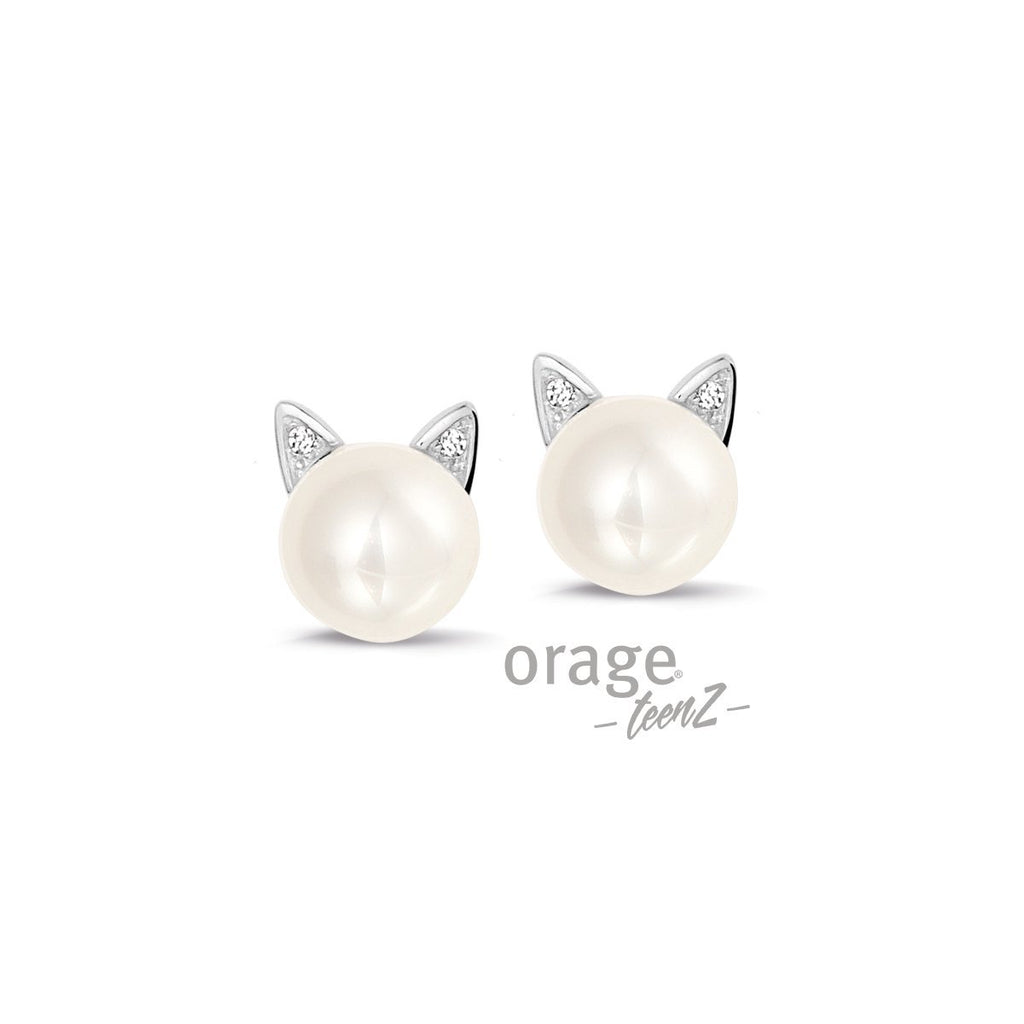 Zilveren kinder oorbellen parel met kattenoortjes Orage Teenz - Staartjes en Strikjes