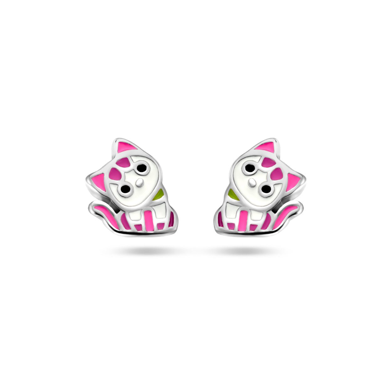 Zilveren kinder oorbellen poesje roze - Staartjes en Strikjes