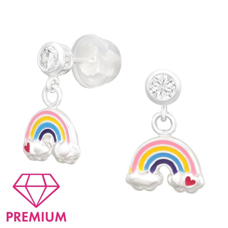 Zilveren kinder oorbellen regenboog met hartje en zirconia - Staartjes en Strikjes