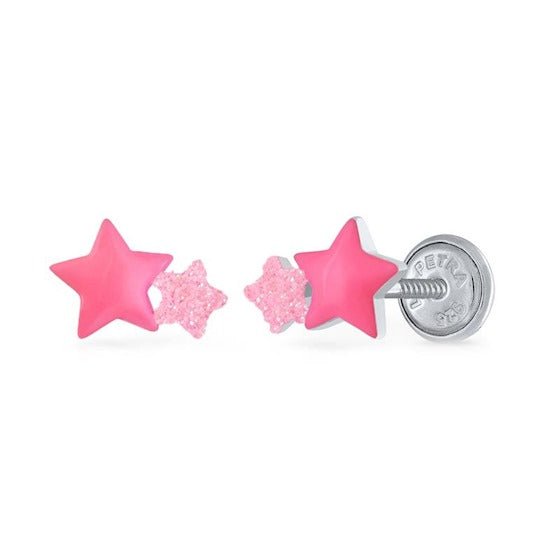 Zilveren kinder oorbellen sterretjes roze |schroefsluiting Lapetra - Staartjes en Strikjes